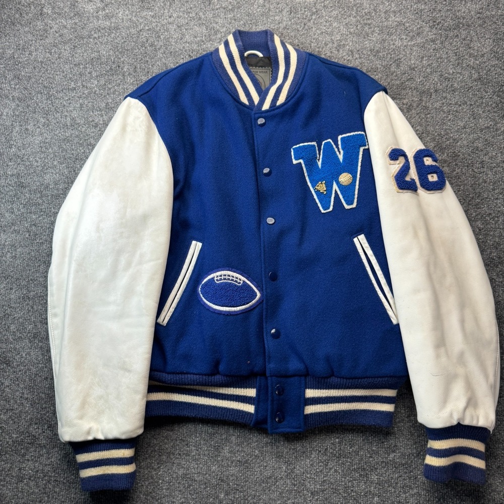 Vintage 80s 90s Golden Bear Leather Varsity Jacket Medium M Blue Wool USA 62